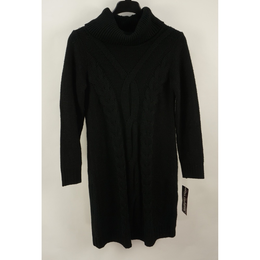 New Nina Leonard‎ Heavyweight Cable Knit Cowl Sweater Dress Women's Medium Black